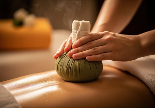 Therapist performing traditional thai herbal compress massage on a person back - Powered by Adobe