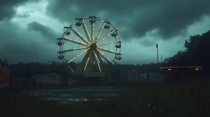 Eerie illuminated ferris wheel against a dark, ominous sky at twilight