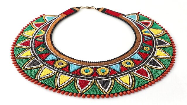 Vibrant african beaded collar necklace with geometric patterns and colorful embellishments