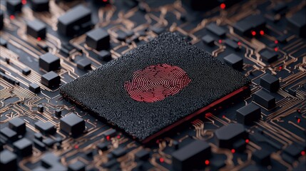 A close-up, macro view of a dark microchip with a red fingerprint pattern on its surface, set against a complex circuit board with glowing orange lines and smal