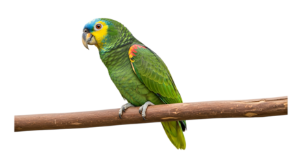 Green parrot, with yellow and blue head perched on a wooden branch, cutout, PNG isolated on white or transparent background