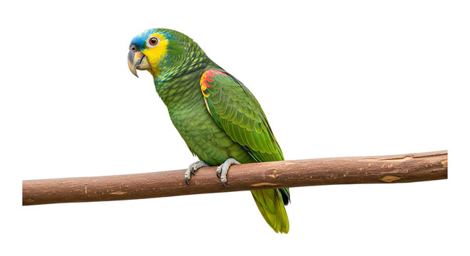 Green parrot, with yellow and blue head perched on a wooden branch, cutout, PNG isolated on white or transparent background