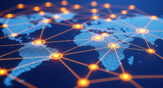 Global network connection map with interconnected glowing dots and lines on blue background.