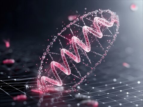 A glowing pink DNA double helix structure with a network of nodes and lines in the background, with scattered pink particles and soft, futuristic lighting. - Powered by Adobe