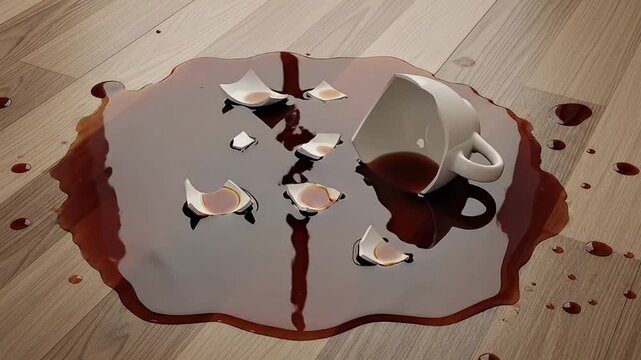 A close-up view captures the aftermath of an unfortunate household incident: a ceramic mug has shattered on a light-colored wooden floor, releasing its dark liquid contents. The spilled beverage, rese