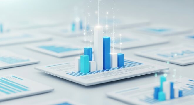 Abstract blue and white 3d bar charts illustrating financial data analysis growth
