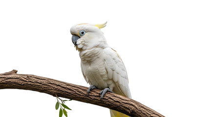 White cockatoo, with yellow crest perched on a textured tree branch, cutout, PNG isolated on white or transparent background