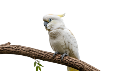 White cockatoo, with yellow crest perched on a textured tree branch, cutout, PNG isolated on white or transparent background