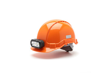 High-visibility orange construction safety helmet with an integrated headlamp, sitting on a bright white surface. Created using generative AI tools