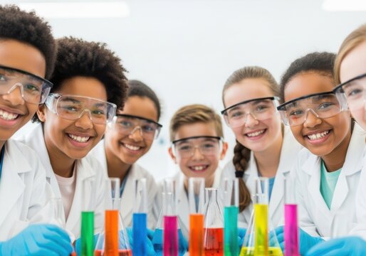 Happy diverse children doing science experiment in school lab - Powered by Adobe