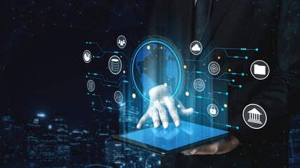 A global business network and digital infrastructure concept. A worldwide connection of services including data, finance, and secure communication. Motif