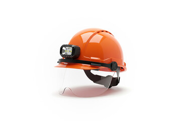 High-visibility orange construction safety helmet with an integrated headlamp, sitting on a bright white surface. Created using generative AI tools