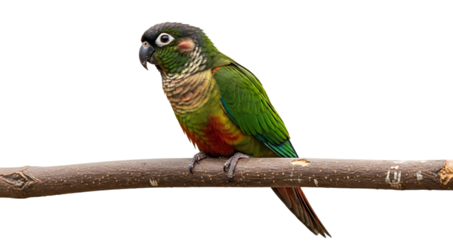 Green-cheeked conure parrot, with vibrant plumage perched on a wooden branch, cutout, PNG isolated on white or transparent background - Powered by Adobe