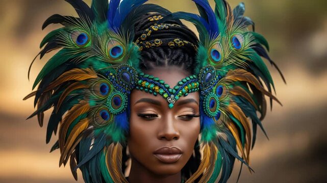 Striking portrait of a woman adorned with an ornate peacock feather headdress in vibrant blue and