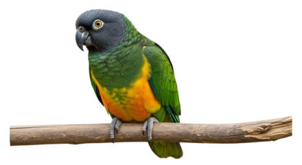 Colorful parrot, with gray head green body and orange belly perched on a wooden branch, cutout, PNG isolated on white or transparent background