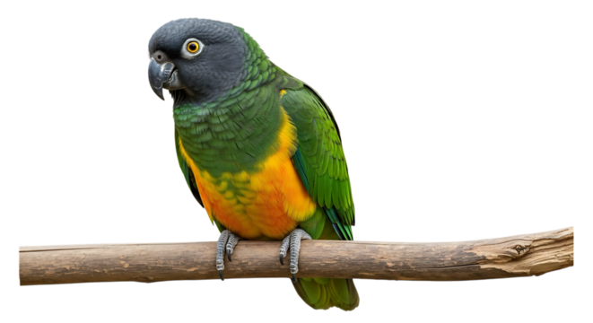Colorful parrot, with gray head green body and orange belly perched on a wooden branch, cutout, PNG isolated on white or transparent background