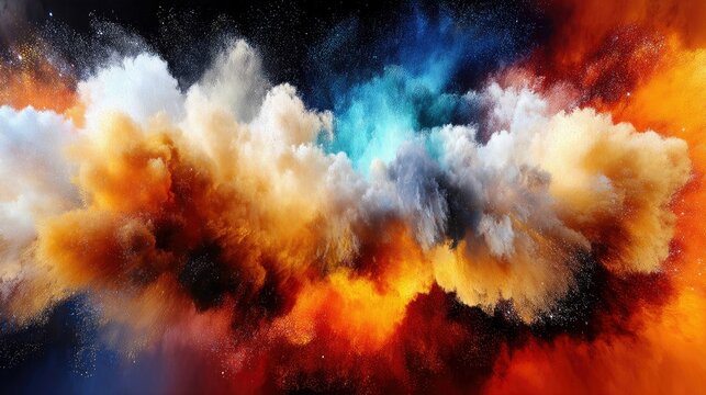 A vibrant, dynamic explosion of colored powder, featuring hues of orange, yellow, white, blue, and red, against a dark, speckled background, creating a sense of