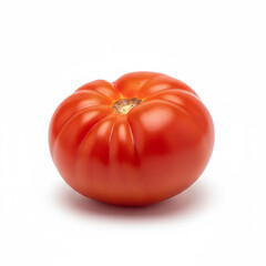 Perfectly formed bright red heirloom tomato (Beefsteak), slightly irregular shape, isolated, soft shadow, clean and sharp focus, white background. Created using generative AI tools