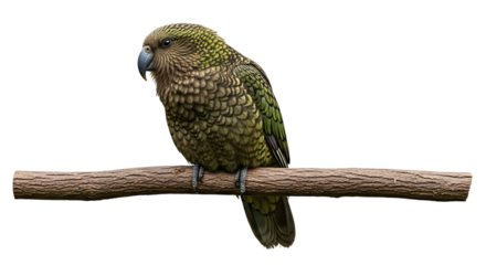 Kea Parrot, with Detailed Feathers perched on a Textured Wooden Branch, cutout, PNG isolated on white or transparent background