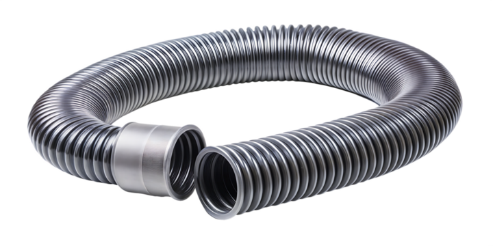 Flexible plastic hose, corrugated with connector for ventilation or automotive use, cutout, PNG isolated on white or transparent background