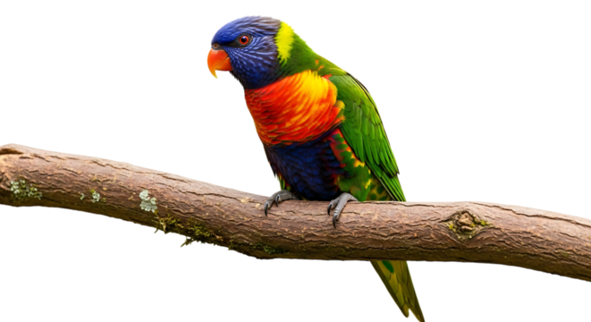 Vividly colored lorikeet parrot, with mossy textured tree branch, cutout, PNG isolated on white or transparent background