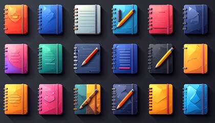 Varied colorful notebook grid on gray. Some have pencils. Each is uniquely designed. Flat style with drop shadows
