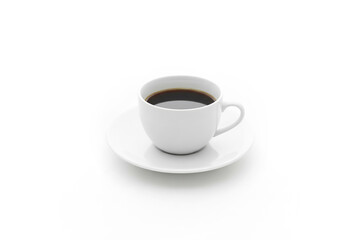 Pristine white ceramic coffee cup and saucer, perfectly centered on a pure white background. Minimalist studio lighting, shallow depth of field. Clean, high-key phot. Created using generative AI tools