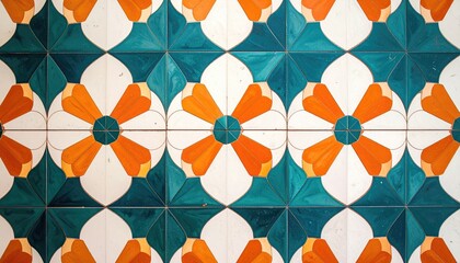 Patterned tiles teal and orange floral motif with white details on a tiled surface