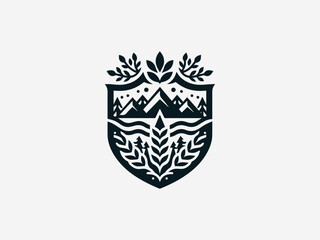 Organic nature crest black vector logo with mountain tree and river elements for outdoor brand identity