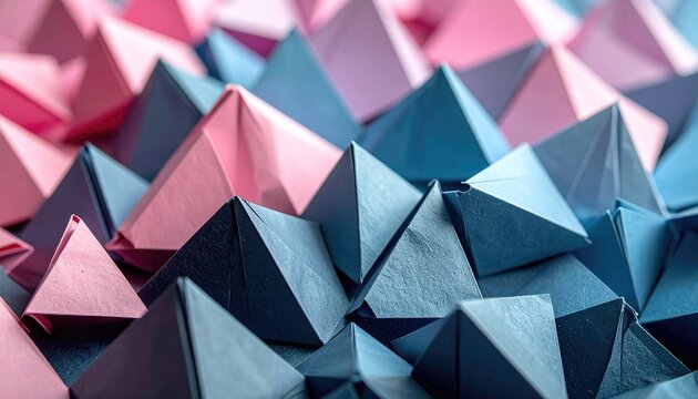 A textured landscape of pink and blue paper pyramids creates a patterned and abstract background with sharp geometric shapes