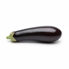 Single, long, glossy purple eggplant, minimal and elegant presentation, captured with soft, even studio lighting, white background. Created using generative AI tools