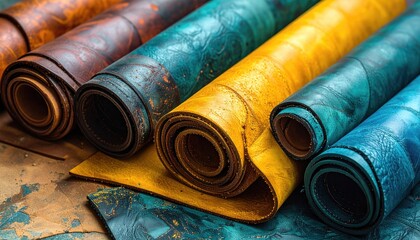Rolled leather sheets in vibrant hues; brown, turquoise, yellow, and blue colors close up shot