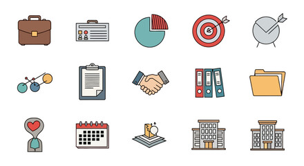 Collection of Modern Flat Business Icons Featuring Office Supplies, Finance, and Professional Services
