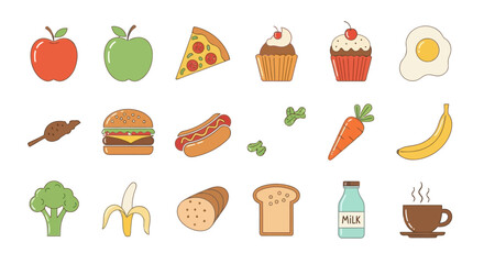 Diverse collection of colorful food and drink icons featuring apple, pizza, hamburger, and coffee in a modern flat line art style