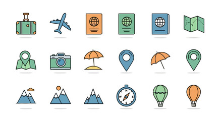 Travel and Adventure Pictogram Icons of Vacation Destinations and Trip Essentials
