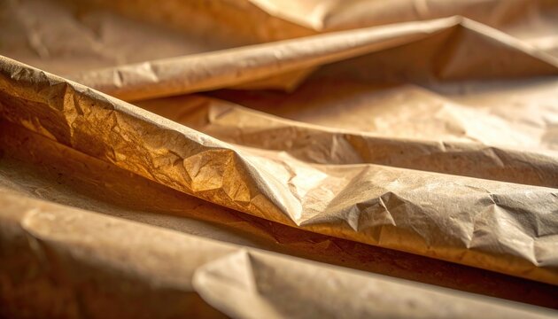 Wrinkled, golden-brown paper fills frame, showcasing its crumpled texture and tonal variations in warm light and shadow