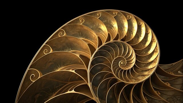Intricate golden nautilus shell cross section revealing fibonacci spiral patterns and natural geometry
