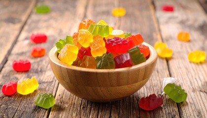 A wooden bowl filled with colorful gummy bears, scattered on a rustic wooden surface, creating a sweet treat scene