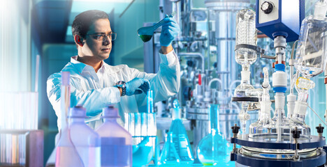 Chemical research specialist analyzes a green solution in a modern laboratory, controlling...