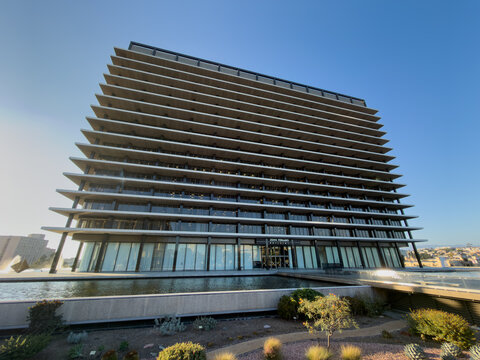 LOS ANGELES, CA, OCT 1, 2025: Angle on headquarters of LA Department of Water and Power, contemporary architectural design with reflecting pool and drought-tolerant landscaping in foreground