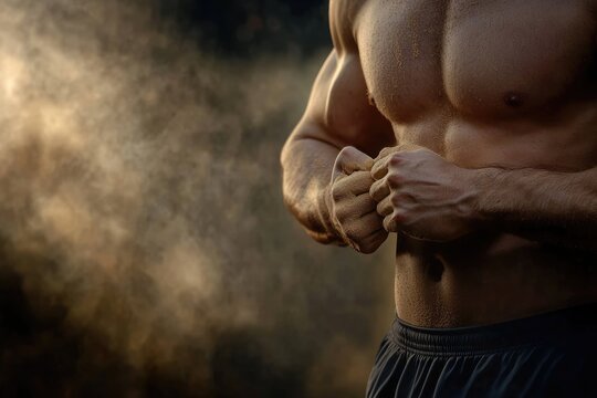 A muscular man stands poised in a gym, dust floating in the air around him. The lighting highlights his toned physique as he prepares for an intense workout session