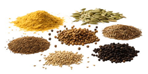 Spices and seeds, assortment of colorful including yellow powder, cumin seeds and peppercorns, cutout, PNG isolated on white or transparent background