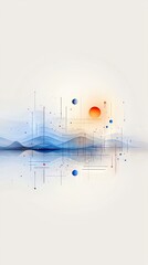 An abstract digital art piece featuring flowing blue wave-like forms, geometric lines, and scattered colorful orbs against a clean, bright background. The compo