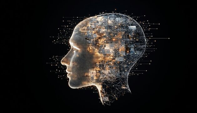 A profile view of a digital human head constructed from geometric shapes and glowing particles, with intricate network lines and data streams emanating from it - Powered by Adobe