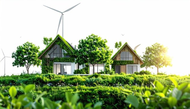 Eco-friendly houses prioritize sustainability. Utilize energy-efficient design, renewable energy sources, Green House - Powered by Adobe
