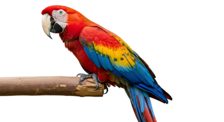 Scarlet Macaw Parrot, with Vibrant Red Yellow and Blue Plumage perched on a Wooden Branch, cutout, PNG isolated on white or transparent background