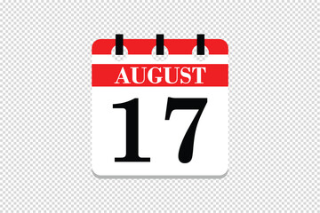 17 August Calendar icon vector, 17 dates of August month calendar icon, dates of August 17 icon calendar, vector calendar icon.