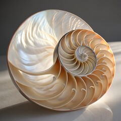 Cross section of a nautilus shell reveals intricate spiral chambers and pearlescent interior