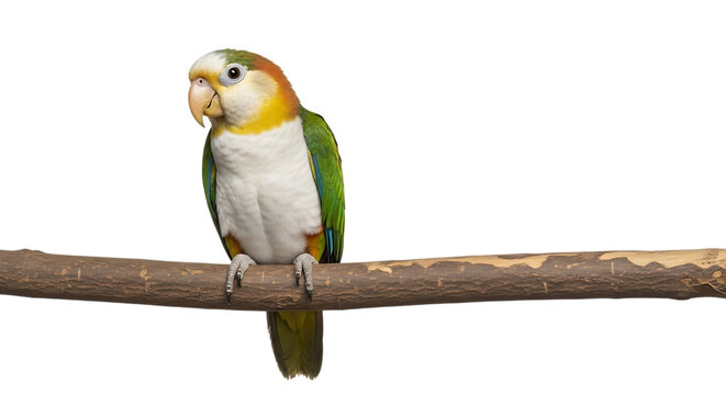 White bellied caique parrot, with green and blue wing feathers perched on a wooden branch, cutout, PNG isolated on white or transparent background