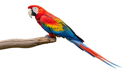 Fototapeta premium Scarlet Macaw Parrot, with Vibrant Plumage perched on a Wooden Branch, cutout, PNG isolated on white or transparent background